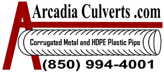 Arcadia Culverts logo — ArcadiaCulverts.com Corrugated Metal and HDPE Plastic Pipe 850-994-4001