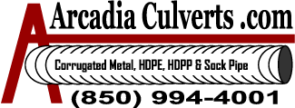 Arcadia Culverts logo — ArcadiaCulverts.com | Corrugated Metal, HDPE, HDPP & Sock Pipe | 850-994-4001